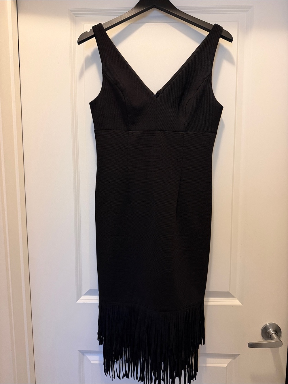 Adrianna Papell Black V-Neck Midi Dress with Fringe Hem